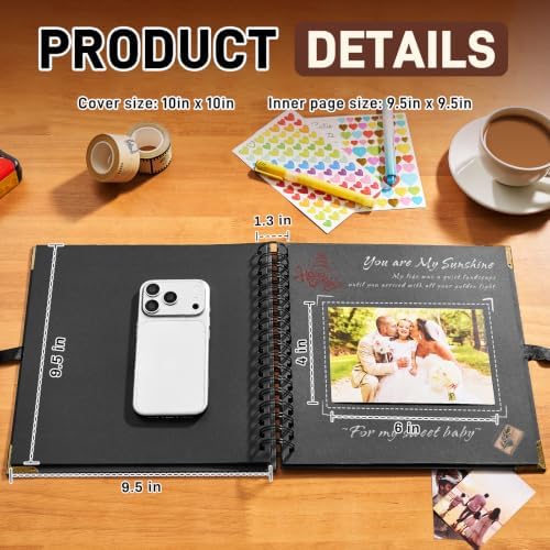 OVESMUSL 10x10 DIY Scrapbook Kit, Black, 40 Pages | Features 250gsm kraft paper, metal corners, 3D interactive elements, and glue stick. Great for wedding, anniversary, baby.