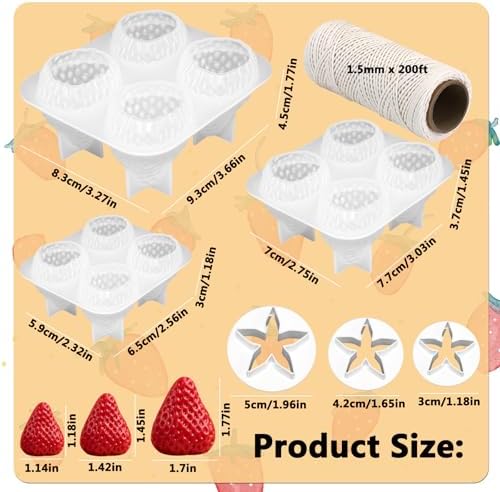 3D Strawberry Grapes Soap Mold, 3 Pcs Strawberry Silicone Scented Candle Soap Mold with 3Pcs Leaf Mold 200Ft White Cotton Rope for Soap Candle Making Gift
