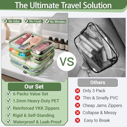 YQBRAO Clear Hard Shell Zipper Cases, 6 Multi-Size Organizers, Green