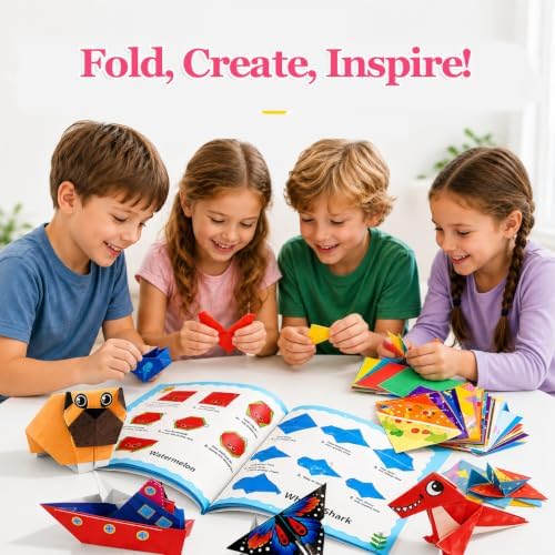 Origami Kit for Kids Ages 5-8 8-12, 100 Sheets Colored Origami Paper - 45 Animal Patterns with Instruction Manual & Video Guide, Travel Game Activity, Gifts for 8 Year Old Girls