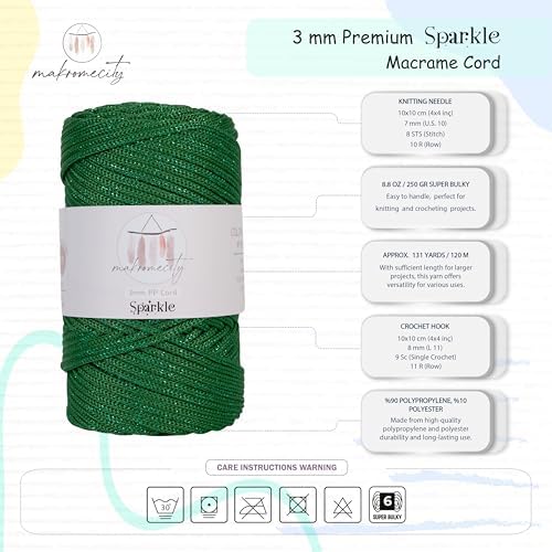 Makromecity Sparkle 2 Skeins of Polypropylene Macrame Cord 3mm x 131 Yards (394 feet) Premium Polyester Macrame Cord for Macrame Art & Crafts for Wall Hangings, Bags, Underplate, Rug