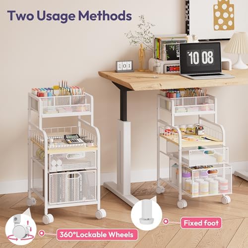 SWTYMIKI Rolling Cart with Drawers - Metal Craft Cart with Wheels, DIY Divider and Wood Shelf, Art Supply Organizer for Under Desk Storage, Utility Storage Cart for Home Office Studio, White