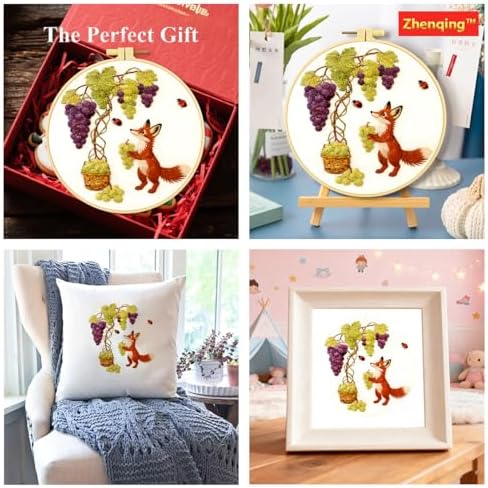 Zhenqing Fox Embroidery Kit for Beginners, Cute Woodland Animal Needlework Craft with Pre-Printed Cotton Fabric, Hoop, Threads & Tools, Garden Decor (C0223)