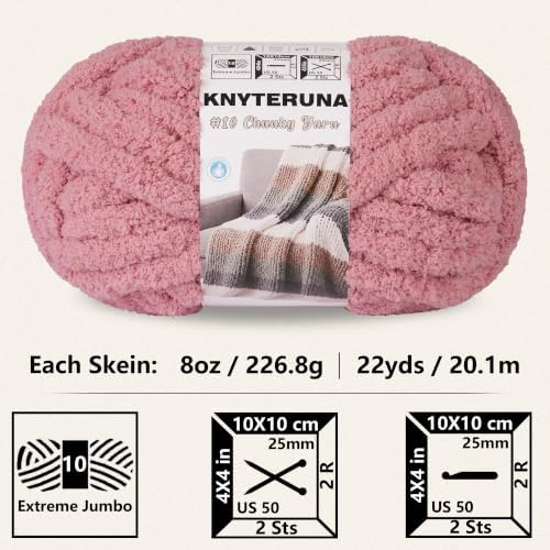 Chunky Yarn for Hand Knitting, #10 Chunky Blanket Chenille Yarn, Large Bulky Thick Jumbo Yarn, Super Chunky Knit Yarn for Crocheting, 8 Skein (8 oz 22 yds Each Skein), Dusty Pink