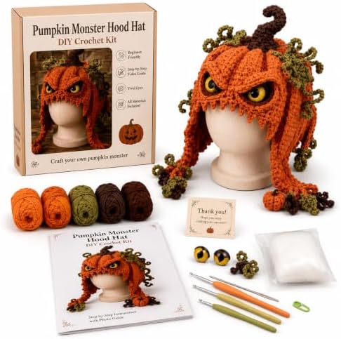 LWLQCZJ DIY Crochet Kit Fantasy Animal Hood Hat Beginner Craft Set with Yarn & Hook (Pumpkin Monster)