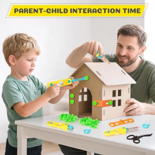 Cardboard Tools for Kids, 129 PCS Cardboard Construction Kit, Kids Building Set with Safe Serrated Cutter, Crease Roller, Screws & Nuts, Creative STEM Educational Toys Gift for Boys and Girls Age 5+