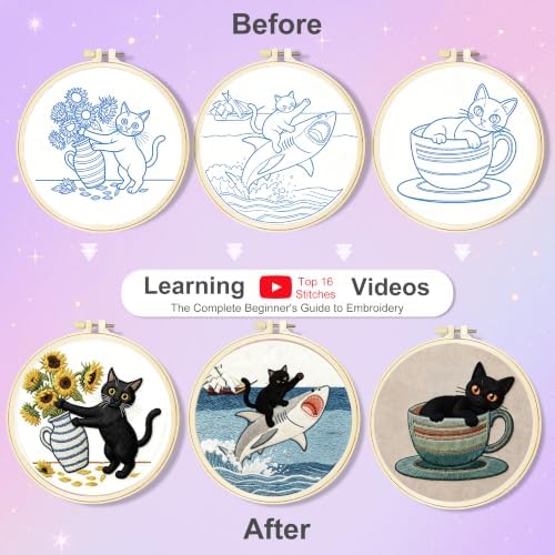 Huacan Embroidery Kit for Adults Beginners with 3 Hoops & Gift Box