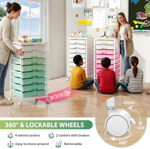 Goovilla Rolling Cart with 8 Drawers for Art, Dorm, Office, Craft, Green | Utility Cart Organizer With 8 Removable Drawers and Wooden Tabletop, Lockable Rolling Storage Organizer for Classroom, Home