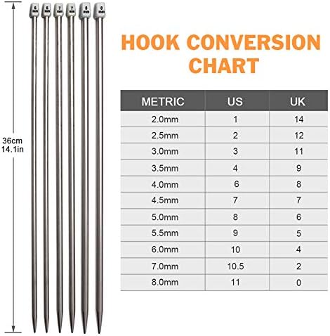 BCMRUN Knitting Needle Set, 22PCS 2mm(B)-8mm(L) Straight Single Pointed Stainless Steel Sweater Needles Set(11Pair-11 Size,9.8 inch) with Locking Stitch Makers Large-Eye Needles Measure Tape (36CM)