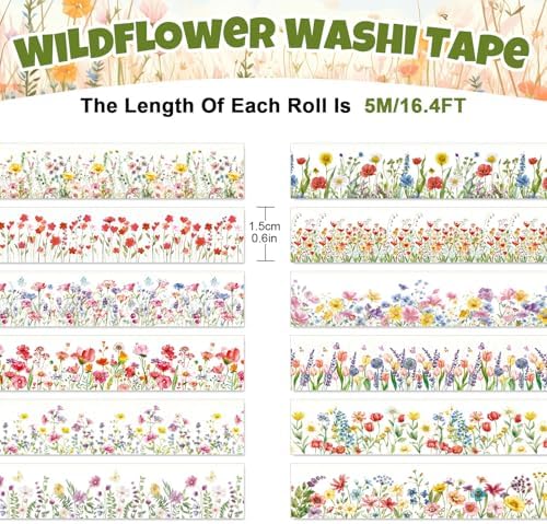 Whaline 12 Rolls Wildflower Washi Tape Floral Masking Tape Set Colorful Flower Decorative Wrapping Paper Tapes Boxed for Spring Scrapbook Journal DIY Crafts