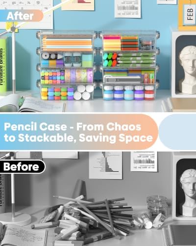 BiuLeon 8 Pack Large Pencil Box Set, Plastic Clear Pencil Case Marker Organizer, Crayon Box Craft Organizers, Stackable Storage Containers with Lid for Pen, Art and Craft Supplies(Grey)