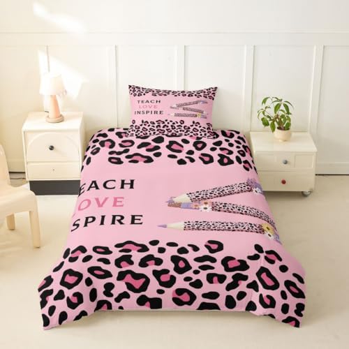 Erosebridal Pink Leopard Duvet Cover Twin Size Floral Leopard Pencil Bedding Set for Kids Boys Girls Pink Educator Artwork Comforter Cover Boho Aesthetic Bedclothes Room Decor