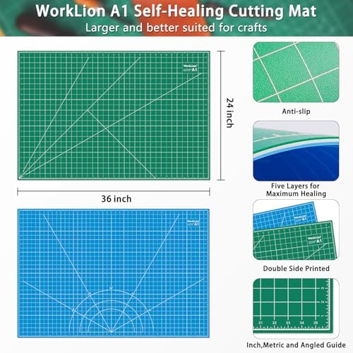 WORKLION 24" x 36" Large Self Healing PVC Cutting Mat, Double Sided, Gridded Rotary Cutting Board for Craft, Fabric, Quilting, Sewing, Scrapbooking - Art Project… (Pack of 2)