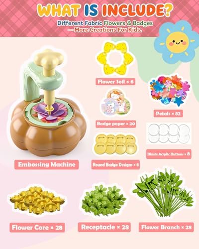 Rainbow World 2 in 1 Fabric Flower Press for Kids, DIY Flower Bouquet Kit with Button Maker, Embossing Tool STEM Toy, Screen-Free Activity for 4-8 Girls Boys