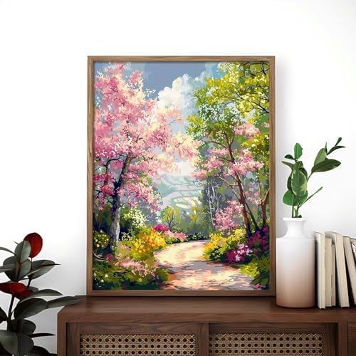 Alptiny Spring Landscape Paint by Numbers Kit for Adults Beginner, Floral Pathway Paint by Number Kits, DIY Flower Oil Painting Kit for Relaxation & Home Decor, 16x20 Inch