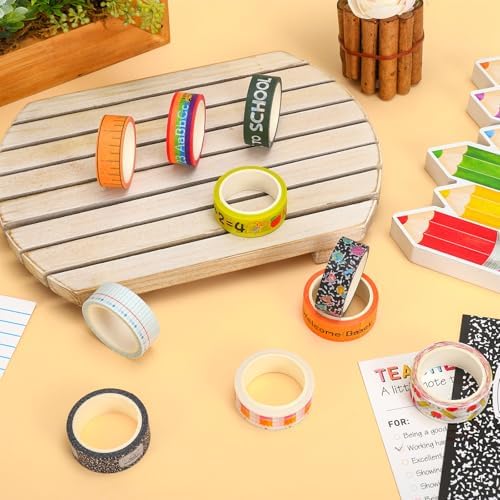 Whaline 12 Rolls Back to School Washi Tape Masking Tape Set Composition Notebook Speckled Pencil Apples Classroom Wrapping Paper Tapes for First Day of School Scrapbook Journal DIY Crafts