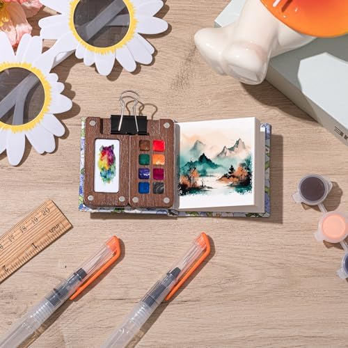 Qilery Mini Portable Watercolor Palette Set Wooden Grid Paint Box Watercolor Paper Sketch Book Brush Pens with Binder Clip for Painters Artist Not Include Paint(Blueberry)