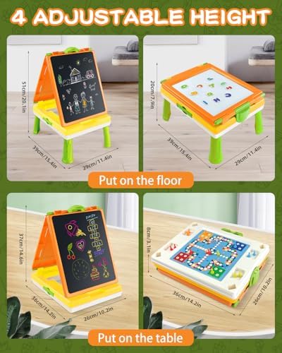 Elovien Easel for Kids, 4 in 1 Double Sided Toddler Art Easel with Chalkboard & Magnetic Whiteboard, Foldable Tabletop Easel with Drawing & Writing Accessories - Educational Gift for Boy Girl (Orange)