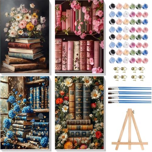 4 Pack Vintage Books Paint by Numbers for Adults with Framed Canvas 8x12in