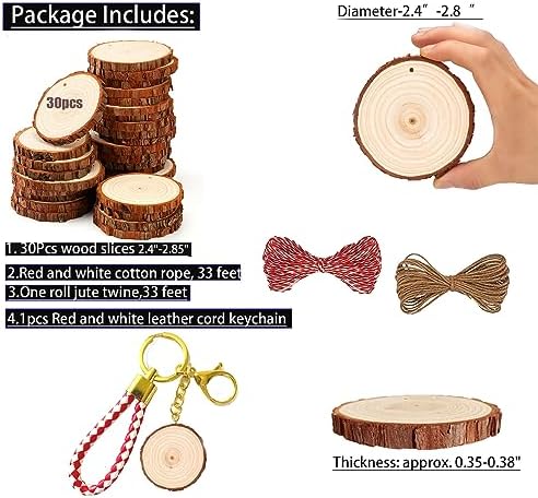 SENMUT Unfinished Wood Slices 30pcs 2.4"-2.85" Wood Circles for Crafts Predrilled Natural Wood Rounds Wooden Discs Christmas Wood Ornament for Crafts