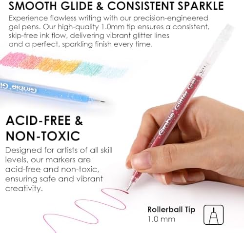 Grabie Set of 42 Color Glitter Gel Pens, 1.0 mm Fine Tip Art Pens | Brilliant Glitter Effects, Consistent Ink Flow, Comfortable Grip, Creative Lettering, Smooth Writing, Ideal For Coloring