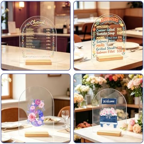Bercoor 5 Pack 8x10 Inch Blank Clear Arch Acrylic Sign with Wooden Stands, Arched Round Top Acrylic Sheet, Arch Table Numbers for DIY Name Card Gifts Event Party Sign Decoration