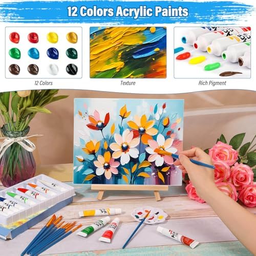 shynek 66 Pack Canvases with Easel Set, 8 x 10 Inch Canvas Boards with Wooden Easels, Acrylic Paint, Paint Brushes Canvas Panel Painting Kit for Beginners Art Crafts Sip and Paint Party