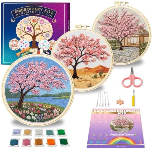 Huacan Embroidery Kit for Adults Beginners with 3 Hoops & Gift Box