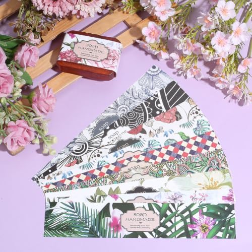 PH PandaHall 90pcs Soap Wrapper 9 Style Flower Wrap Paper Tape Vertical Soap Paper Tag Soaps Sleeves Covers for Homemade Soaps Bar Packaging Supplies