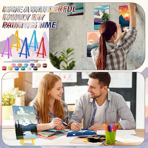 Blosssound 10 Set Pre Printed Canvas Pre Drawn Canvas Painting with Easel Kits 5" x 7" Outline Painting Panels for Beginners, DIY Craft Project, Party Favor, Home Decors(Sunset)