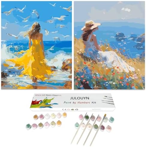 JULOUYN 2 Pack Paint by Numbers Kit for Adults Beginner, Girl Seagull Seascape DIY Canvas Art Kit for Relaxation 16x20 in