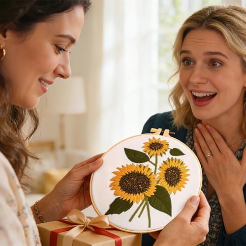 Sunflower Embroidery Kits for Beginners Adults, Floral Hand Embroidery Set Needlepoint Kits, Stamped Cross Stitch Kits for Beginners Adults, 2 Embroidery Hoops, Fabric, Thread(Attached Video Tutorial)