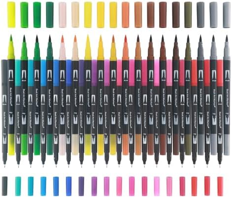 Markers for Adult Coloring Books No Bleeding_36 Brush Tip Markers | Dual Tip Markers with Brush Pen & Fine Tip Markers for Journaling, Calligraphy, Sketching, Coloring Markers for Adults.