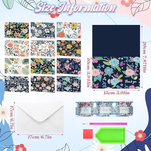 Saillong 12 Pack Thank You Diamond Painting Greeting Card Kit DIY Flower Thanks Diamond Art Cards with Envelope 5D Rhinestones Painting Making Kit for Adults Beginner DIY Crafts Thanksgiving Gifts