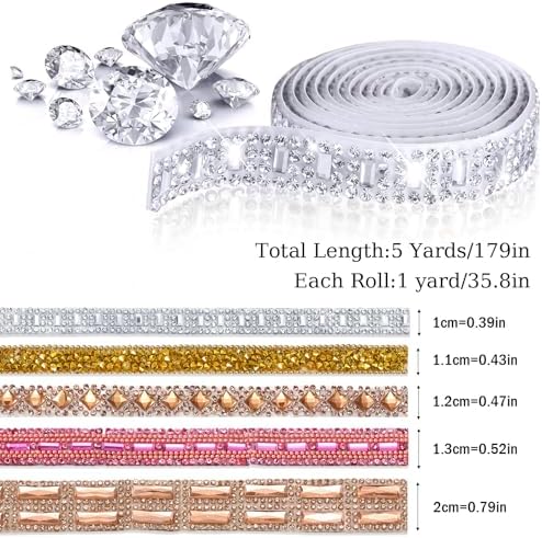 Xinnun 5 Rolls Rhinestone Ribbon,Multi Color,0.59 Inch,Mixed Style