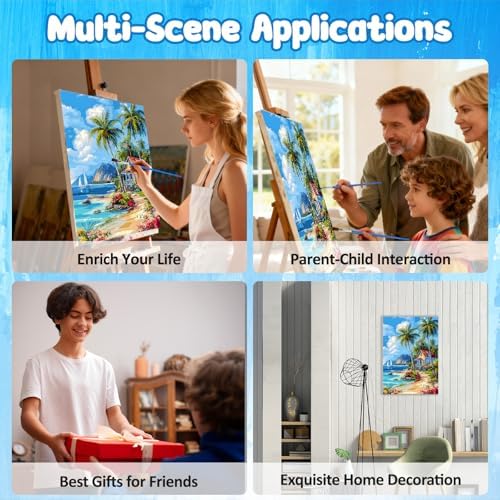 MAXBYE Paint by Numbers Kit for Adults with Frame and Wooden Easel, Easy Beach Landscape Painting Numbers Art Kits on Canvas, DIY Acrylic Painting Kit for Gift Home Wall Garden Decor 10×14 in
