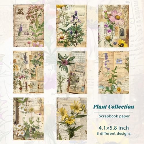 Bomichi 16 Sheets Scrapbook Paper, Vintage Decorative Scrapbook Supplies for Junk Journal Card Making Picture Art Collage DIY 4.1x5.8 inches, Plants theme