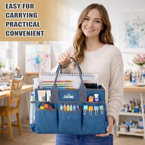 JJRING Large Art Supply Storage Tote Bag With Mesh Pockets, Green