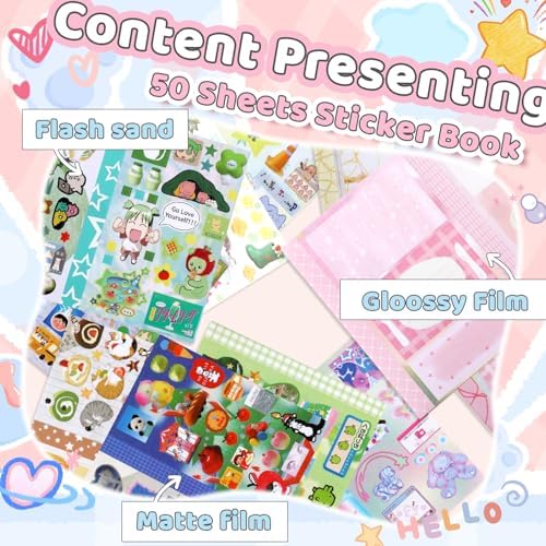 50 Sheets Japanese Sticker Book Manga 1200+ Scrapbook Stickers Kawaii Korean Decor Stickers Junk Journal Supplies for Journaling Scrapbooking Cute Decor Sticker for Kids Adult DIY Cosmtic Books-B