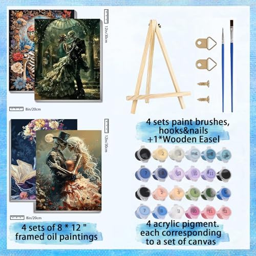 4 Pack Skeleton Paint by Numbers Kit for Adults with Framed 8x12 inch
