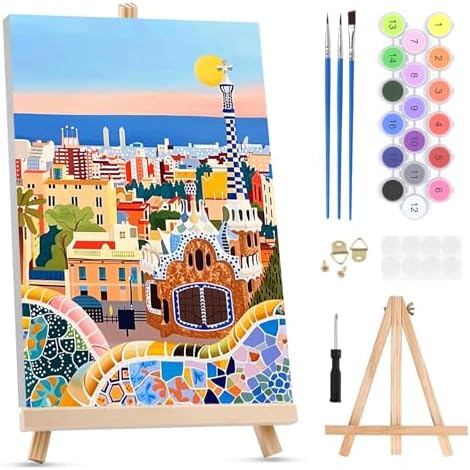 KEYIFA Paint by Numbers for Adults on Framed Canvas - with Wooden Easel, Park Güell Painting by Number Kit for Beginners, DIY Barcelona Acrylic Paint-by-Number Kits for Home Wall Decor (8x12 inch)