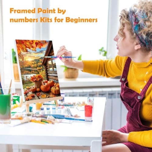 MOGTAA Fall Paint by Numbers Kit for Adults Beginners with Frame, Autumn Landsacpe Adult Paint by Number Kits on Canvas with Easel, Easy DIY Oil Painting Kits for Home Decor, 8x12in
