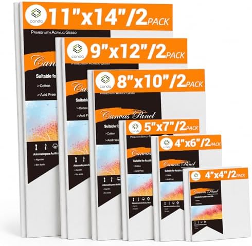 CONDA 12-Pack 𝗣𝗥𝗘𝗠𝗜𝗨𝗠 Size Canvas for Painting, 2 of 4x4, 4x6, 5x7, 8x10, 9x12, 11x14 Paint Canvas Boards, 100% Cotton Triple Primed Canvases Bulk, Art Supplies for Kids & Adults