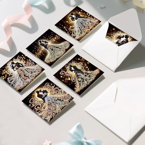 AiYuanzsh 6 Pack Diamond Painting Greeting Cards with Envelopes, DIY 5D Diamond Art Card Kit Romantic Wedding Couples, 30x15cm Handmade Rhinestone Cards Crafts for Wedding Wishes and Celebration