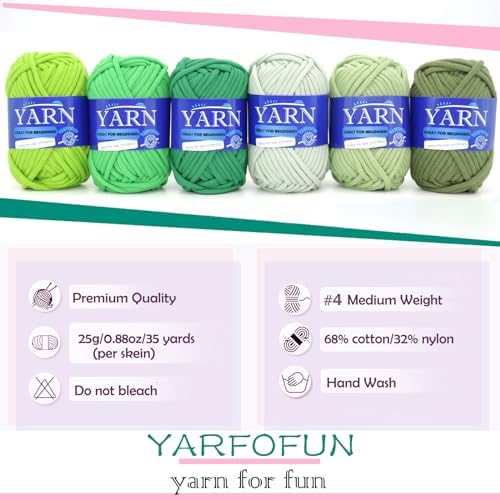 Green Series 6 Pack Cotton Nylon Blend Yarn for Beginners - Easy Crochet & Knitting Kit with Clear Stitches