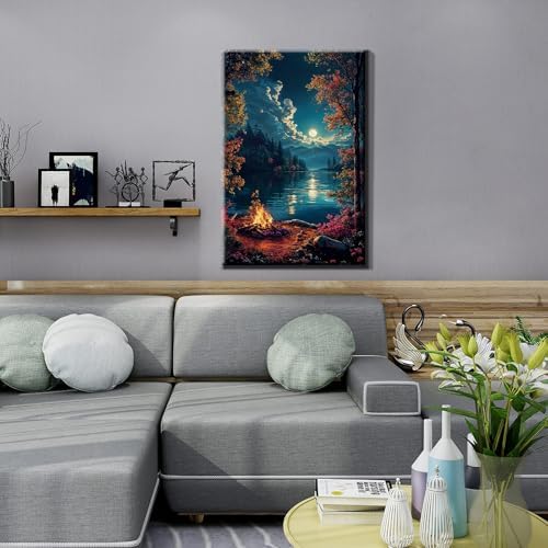 JOOZ Paint by Numbers Kit for Adults with Frame, Landscape Paint by Numbers for Adults, Moon Lake Paint by Number with Easel, DIY Acrylic Oil Painting Kit for Home Wall Decor 8 x 12 Inch