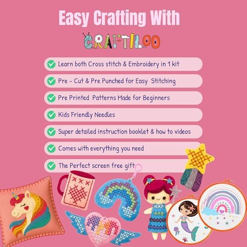 2-in-1 Cross Stitch & Embroidery Kit for Kids - 8 Beginner Projects