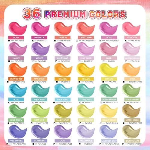 52 Pcs Acrylic Paint Set, 36 Colors 2oz/60ml Rich Pigments (Pastel)