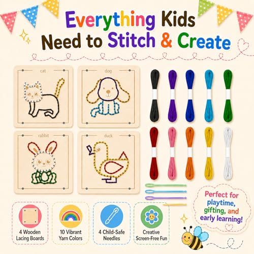 Montessori Wooden Lacing Toys for Toddlers and Kids Ages 2-4 5-7, Sewing Kit Fine Motor Skill Busy Board, Education Sensory Preschool Toy for 1 2 3 4 Year Olds, Birthday Gift for Boys and Girls