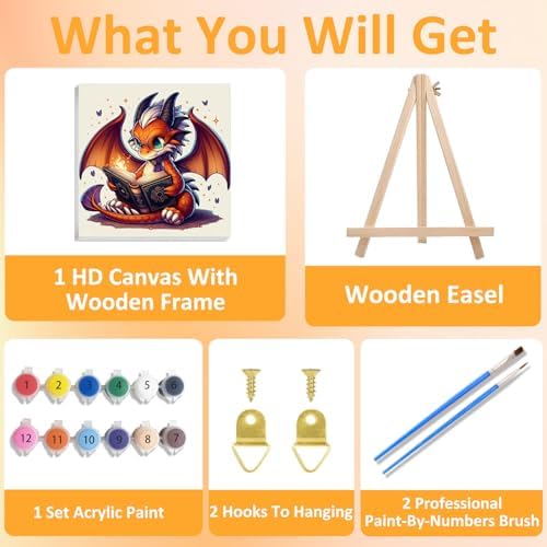Dragon Paint by Numbers Kit for Kids, 8x8 inch